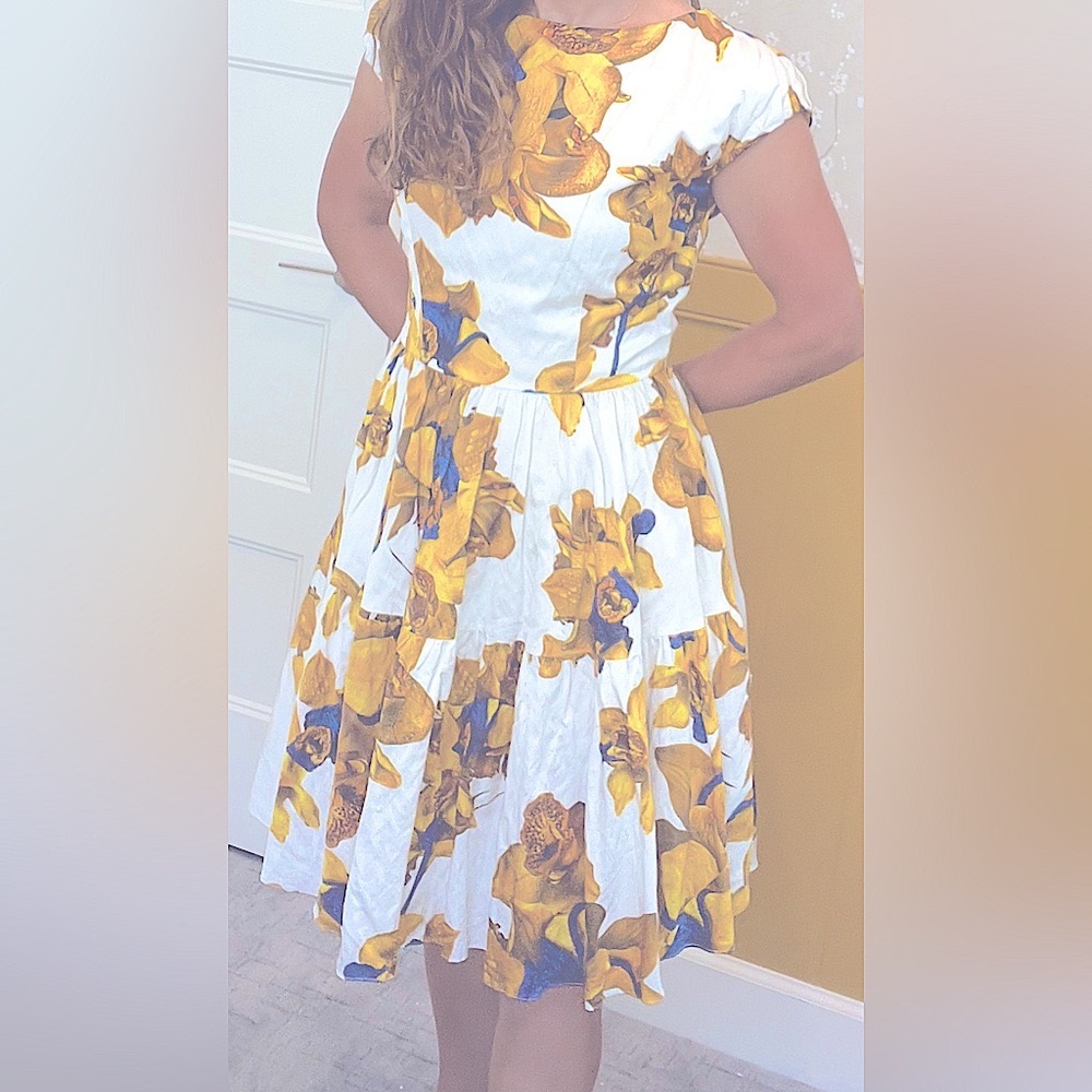 Jason Wu Boat Neck, Cap Sleeve Midi Dress White w/ Yellow Abstract Floral Print - Picture 2 of 6